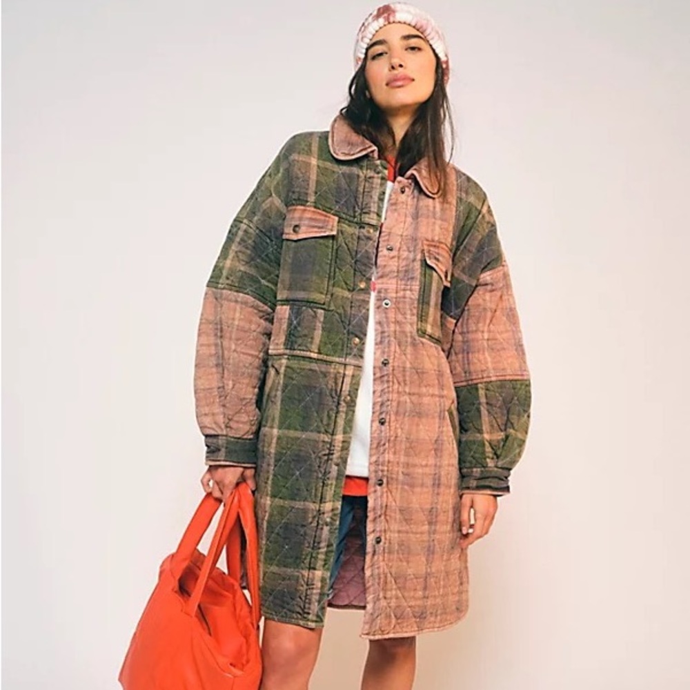 We The Free Plaid / Quilted Jacket Sammi Shirt Jacket In Forest Combo NEW